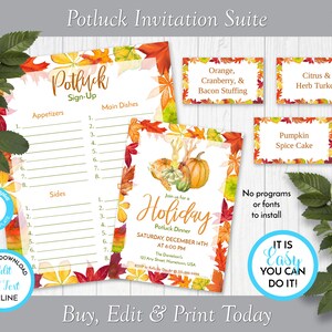 Può includere: Un set di inviti a tema autunnale per una cena potluck. Include moduli di iscrizione, etichette alimentari e un invito con zucche e foglie autunnali. Il testo recita "Acquista, modifica e stampa oggi."