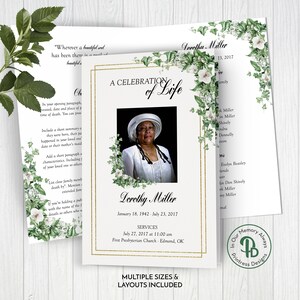 Peut inclure: Un programme funéraire blanc et or avec une bordure florale et une photo d'une femme portant un chapeau blanc. Le programme comprend le nom Dorothy Miller, les dates de naissance et de décès, ainsi que des informations sur les services. Le texte "A Celebration of Life" est imprimé en lettres dorées.