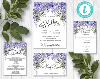 Purple Wisteria Wedding Invitation Suite, Floral Wedding Invitation, Spring Wedding, Printable Wedding, Edit in Templett, ZWA 17276