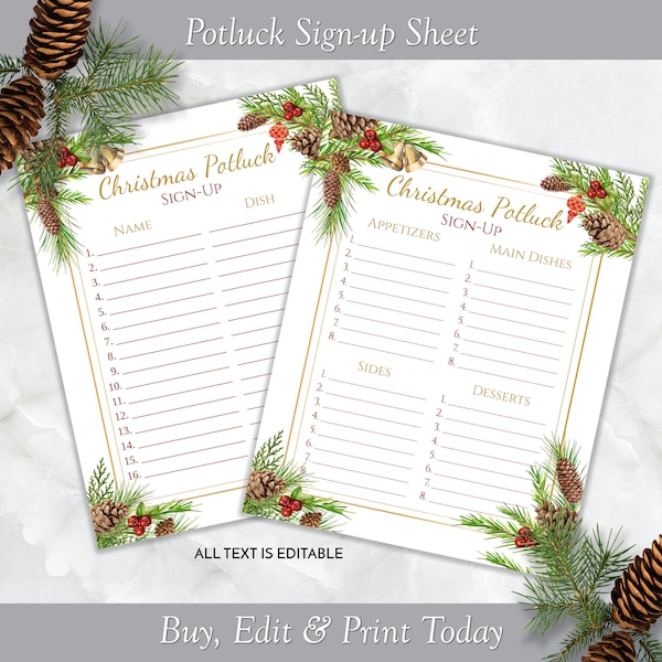 Editable Christmas Holiday Potluck Sign Up Sheet, Printable Work / Office Potluck Sign Up Sheet, Neighborhood Potluck Form ZHLPLS 20156