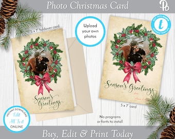 Christmas Wreath Photo Card Template,  Printable Christmas Photo Card, Flat or folded card Edit in Templett, ZCHC 14003