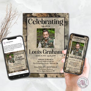 May include: A memorial announcement with the text "Celebrating the Life of Louis Graham." The announcement includes a photo of Louis Graham, dates, and service details. A smartphone and a social media post display the same announcement.