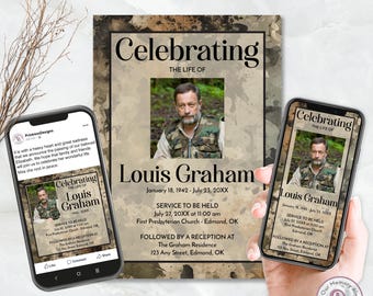 Camouflage Digital Memorial Service Invite, Editable Electronic Funeral Invitation Template, Hunter Social Media Invite, QFPI 21275