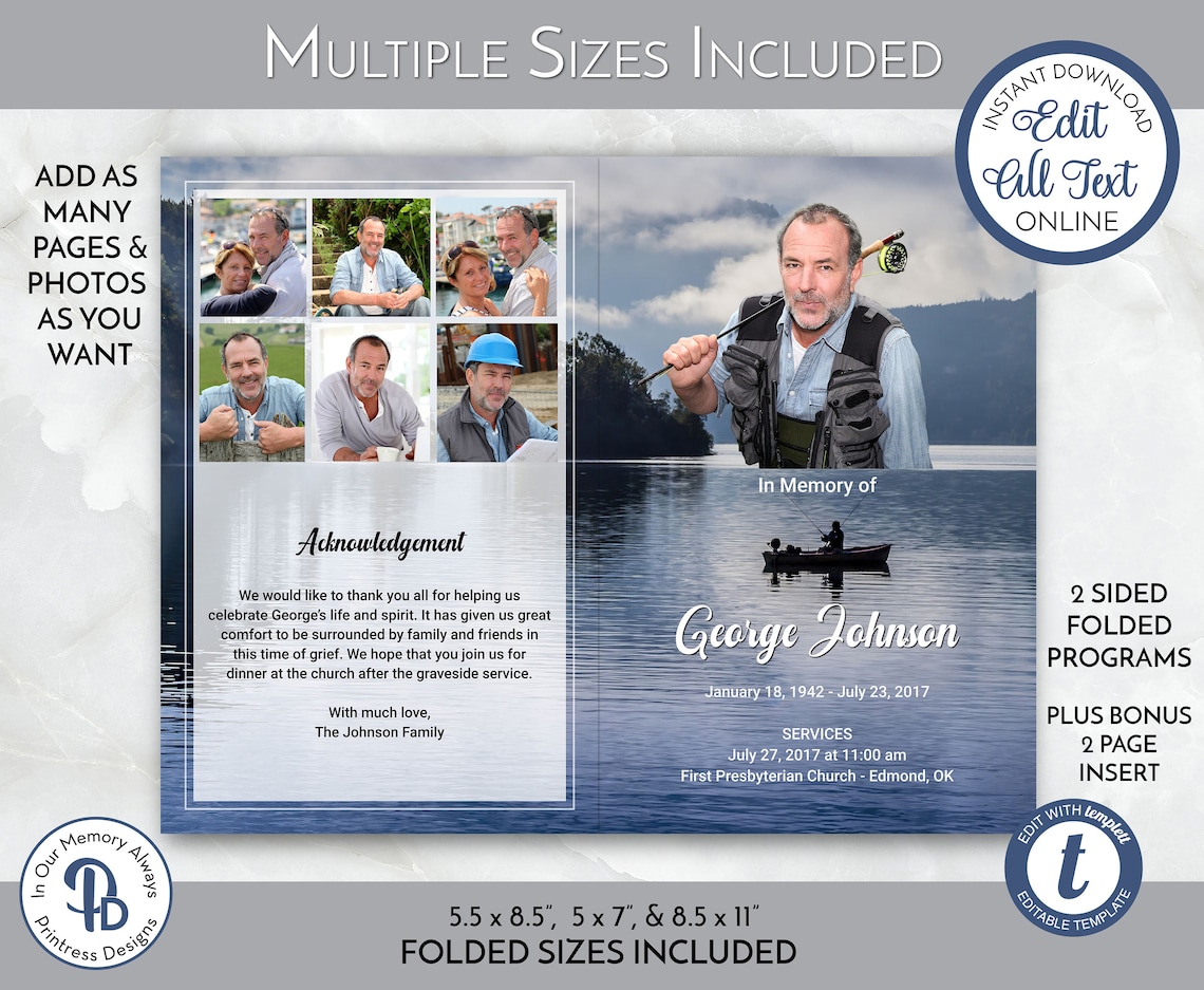Blue Lake Fishing Funeral Program Template, Celebration of Life