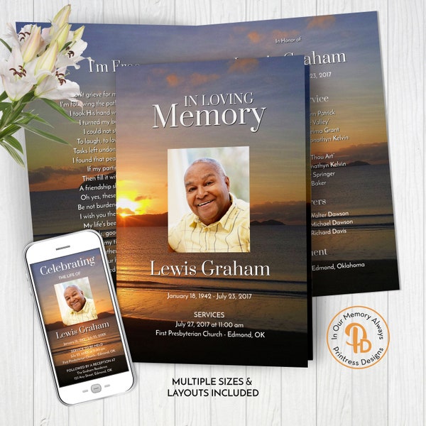 Beach Sunset Funeral Program Template, Obituary/Order of Service Template, Printable Memorial Service Template, Edit in Templett, ZFP 21106