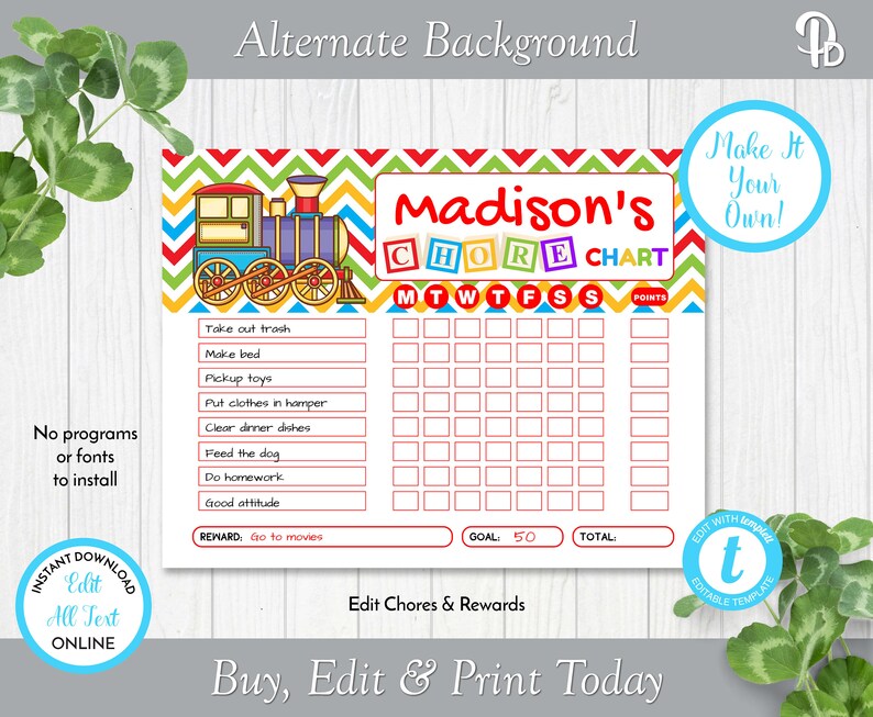 Children's Train Chore Chart Editable Reward Chart - Etsy