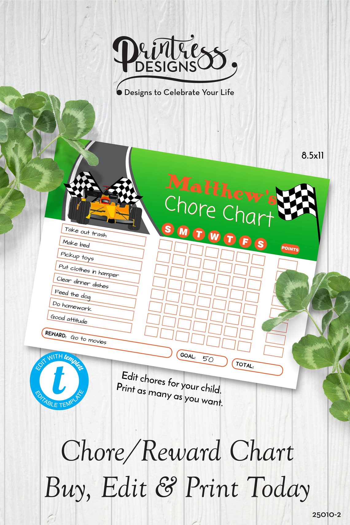 Race Car Children's Chore Chart Editable Reward Chart Etsy