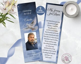 Blue Sky Dove Printable Funeral Bookmark Template, Editable Memorial Bookmark Template, Funeral Keepsake Favor, Templett ZBKM 21244