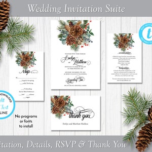 Pinecone Wedding Invitation Suite, Winter Wedding Invite, Printable Wedding Template, Edit in Templett, ZWA 17271