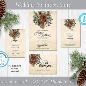 Antique Pinecone Wedding Invitation Suite, Winter Wedding Invite, Printable Wedding Template, Edit in Templett, ZWA 17283