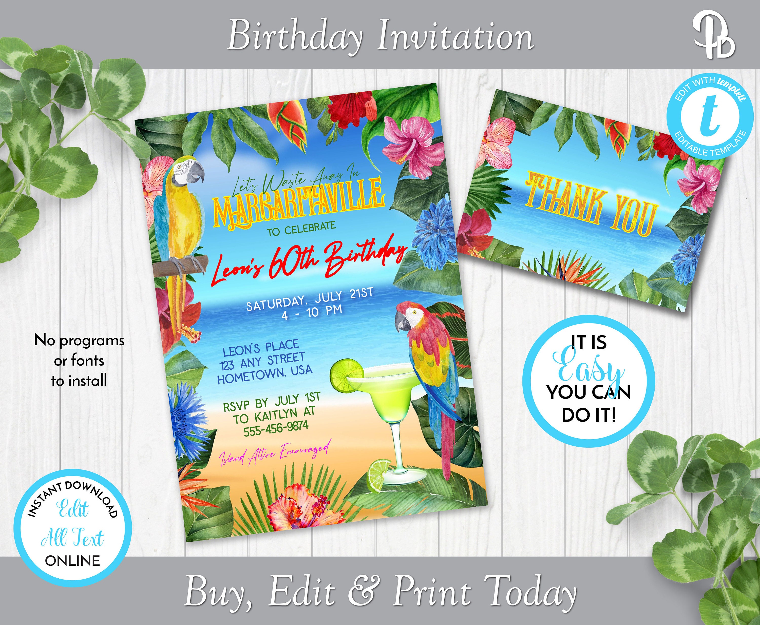 Margaritaville Birthday Party Invitation Template Tropical Etsy
