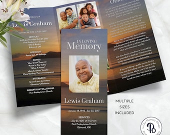 Beach Sunset Trifold Funeral Program, Obituary Template, Celebration of Life Program, Memorial Service, Editable in Templett ZFP3 21106