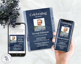 May include: A blue and white digital memorial card with a photo of a man in a suit. The card reads "Celebrating the Life of George Johnson" and includes dates of birth and death, service information, and a reception location.