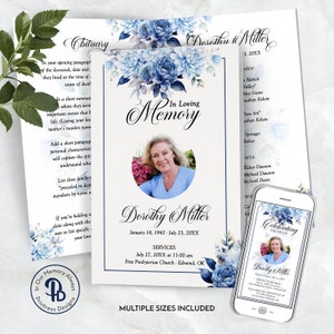 Puede incluir: Una tarjeta conmemorativa floral azul y blanca con una foto de una mujer y el texto "In Loving Memory Dorothy Miller January 18, 1942 - July 23, 20XX" y "Services July 27, 20XX a las 11:00 am First Presbyterian Church - Edmond, OK".