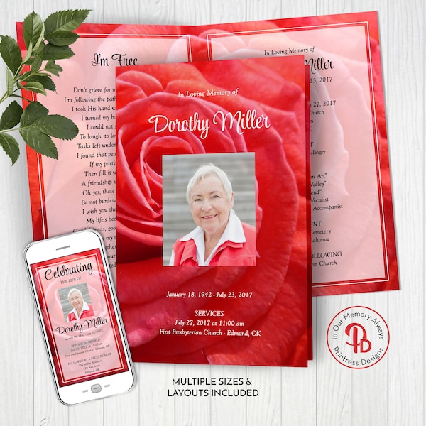 Coral Red Rose Funeral Program Template, Obituary/Order of Service Template, Printable Memorial Service, Edit in Templett, ZFP 21012