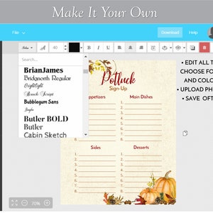 May include: A printable potluck sign-up sheet with a fall theme. The sheet has sections for appetizers, main dishes, sides, and desserts. The design features a pumpkin, fall leaves, and the text "Potluck Sign-Up".