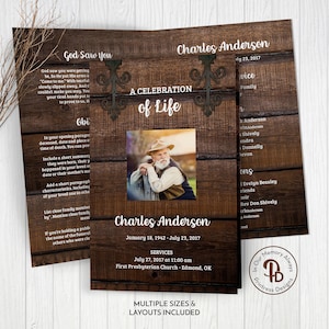 Dark Rustic Wood Funeral Program Template, Obituary/Order of Service Template, Printable Memorial Service, Edit in Templett, ZFP 21076