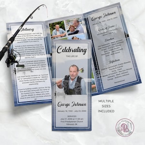 Programme de funérailles à trois volets de Blue Lake Fishing, modèle de nécrologie, programme de célébration de la vie, service commémoratif, modifiable dans Templett QFP3 21256