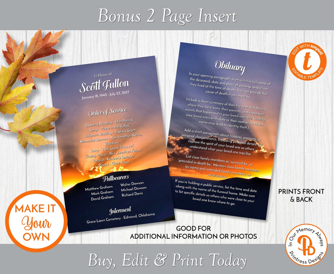 Sunset Sunrays Funeral Program Template Obituary/order of Etsy