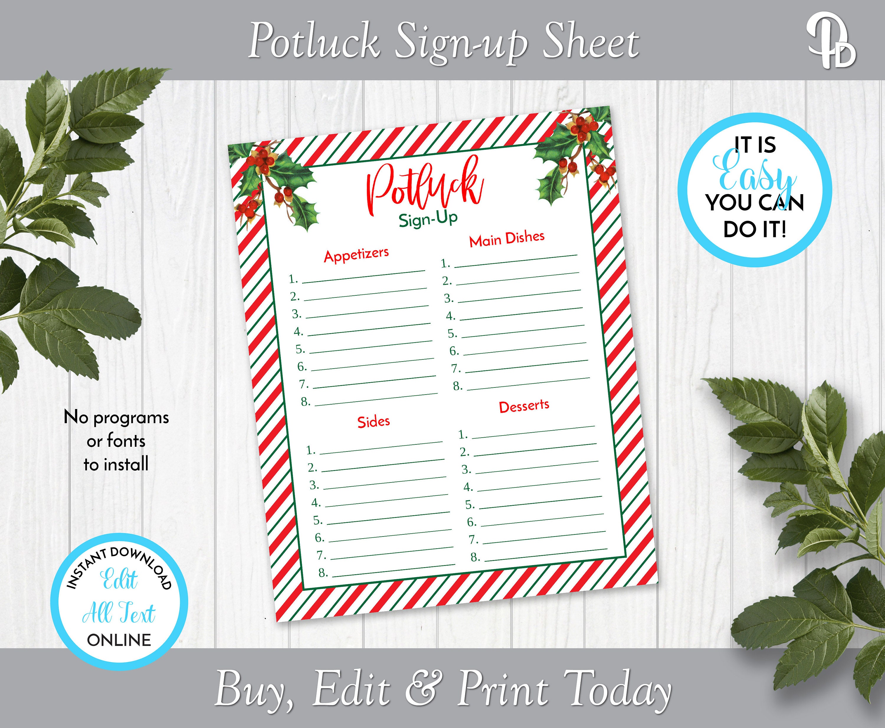 Festive Holly Holiday Potluck Sign-up Sheet Potluck Invite - Etsy
