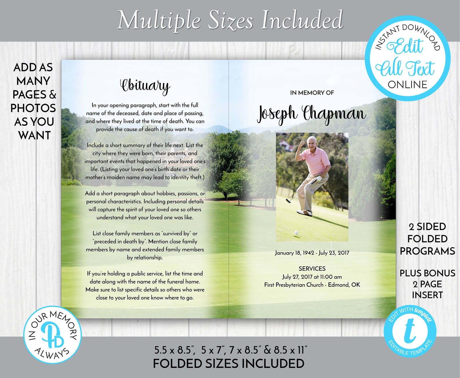 Golfer's Obituary/order of Service Template Funeral Etsy
