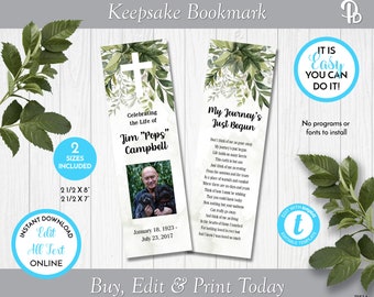 Może przedstawiać: Drukowany szablon zakładki z zielonym wzorem kwiatowym. Zakładka zawiera krzyż i miejsce na zdjęcie. Tekst brzmi "Celebrating the Life of Jim "Pops" Campbell" i "My Journey's Just Begun". Zakładka dostępna jest w dwóch rozmiarach: 2 1/2 x 8 cali i 2 1/2 x 7 cali.