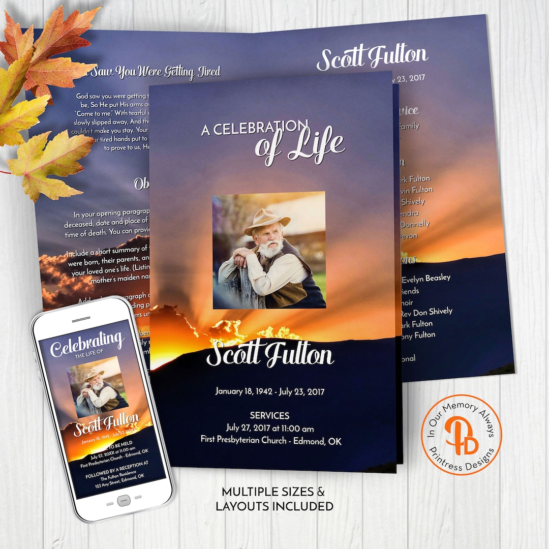 Sunset Sunrays Funeral Program Template, Obituary/order of Service