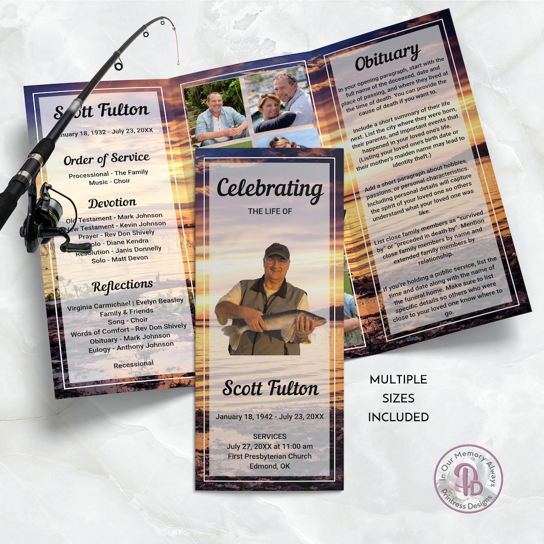 Fish Funeral Program Design Sunset Fishing Trifold Funeral Program, Obituary Template, Celebration ...