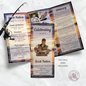 Zonsondergang vissen driebladig begrafenisprogramma, doodsbrief sjabloon, viering van het leven programma, herdenkingsdienst, bewerkbaar in Templett, QFP3 21255