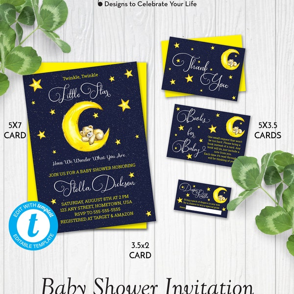 Twinkle Twinkle Little Star Baby Shower Invitation Set, Thank You, Books for Baby, Diaper Raffle, Edit in Templett, ZBS 12015