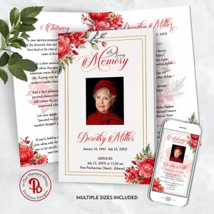 Puede incluir: Una plantilla de programa de funeral rojo y dorado con un diseño floral y una foto de una mujer. El programa incluye el nombre "Dorothy Miller", las fechas y la información del servicio. El texto "En memoria cariñosa" está escrito en una fuente decorativa.
