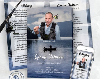 Blue Lake Fishing Funeral Program Template, Celebration of Life Memorial Service, Obituary Program, Order of Service Template, QFP 21256