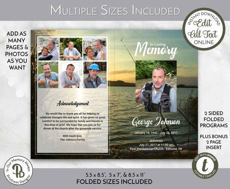 Fishing at Sunset Funeral Program Template, Obituary Program