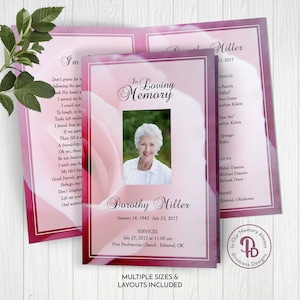 Delicate Pink Rose Funeral Program Template, Obituary/Order of Service Template, Printable Memorial Service, Edit in Templett, ZFP 21057
