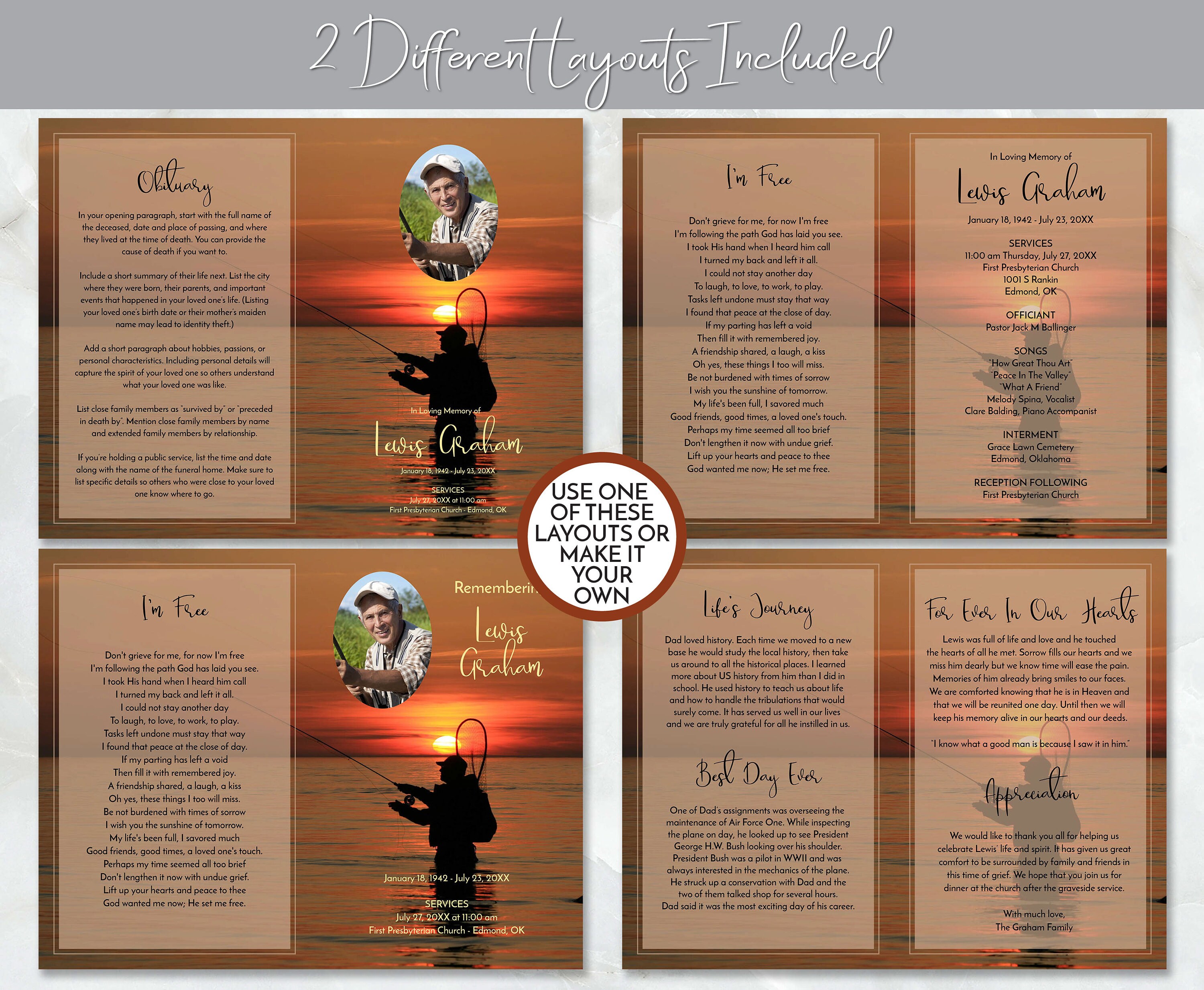 Fish Funeral Program Design Sunset Fishing Funeral Program for Fisherman, Obituary Template ...