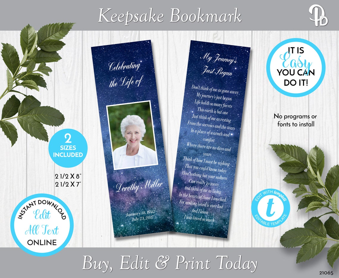Stars in Space Printable Memorial Bookmark Template, Editable Funeral ...