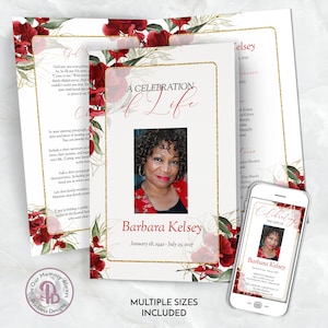 Red and Gold Floral Funeral Program Template, Obituary/Order of Service Template, Printable Memorial Service, Edit in Templett, QFP 21538