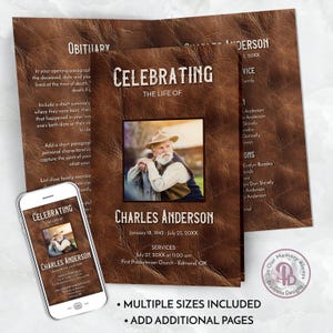 May include: A brown leather-textured funeral program template with a photo of a man in a hat. The program includes the title "Celebrating the Life of Charles Anderson" and the dates January 18, 1942 - July 23, 20XX. The program also includes the text "Services" and the date July 27, 20XX at 11:00 am. The program also includes the text "First Presbyterian Church - Edmond, OK".