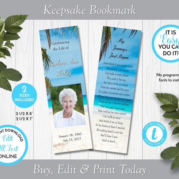 Tropical Beach Memorial Keepsake Bookmark, Funeral Favor Bookmark, Celebration of Life Keepsake, Edit In Templett, ZBKM 21095