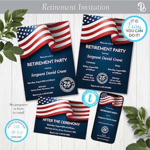 L'invitation à une fête de retraite militaire comprend des modèles de Flyer et une carte d'insertion, une invitation patriotique à la retraite, imprimable et numérique, ZRT 24007