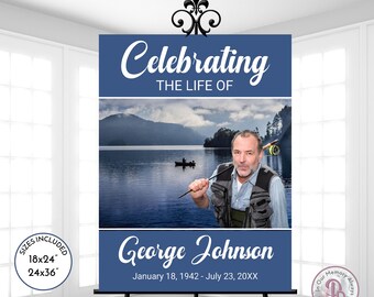 Blue Lake Fishing Funeral Welcome Sign, Celebrating the Life of Sign, Printable Funeral Sign, 2 sizes, Editable, QFWS 21256