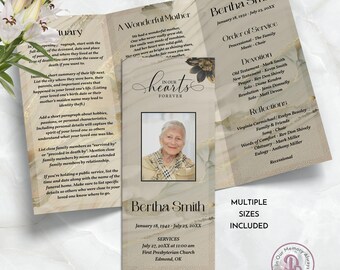 Black and Gold Floral Trifold Funeral Program, Obituary Template, Celebration of Life Program, Memorial Service, Edit in Templett QFP3 21278