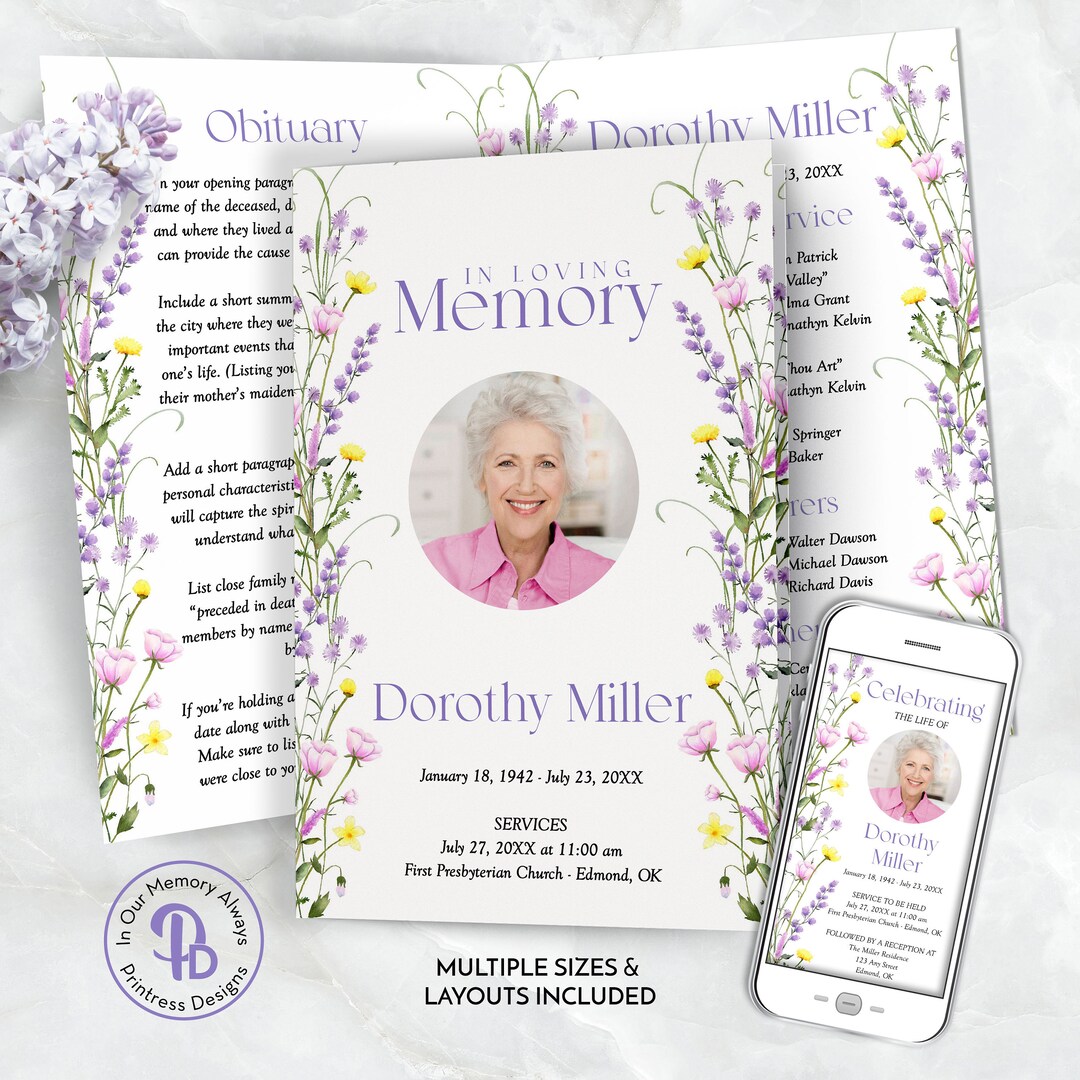 Spring Wildflowers Funeral Program, Obituary Template, Celebration of