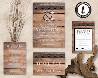 Rustic Wood Plank Wedding Invitation Suite, Typography Wedding Invite, Printable Wedding Template, Edit in Templett, ZWA 17255