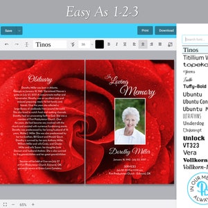 Red Rose Funeral Program Template, Obituary/order of Service Template, Printable Memorial ...