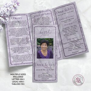 May include: A tri-fold memorial card with a photo of a woman, Diane Kelsey, and details of her life and service. The card is lavender with floral accents and includes text such as "Obituary" and "Order of Service."