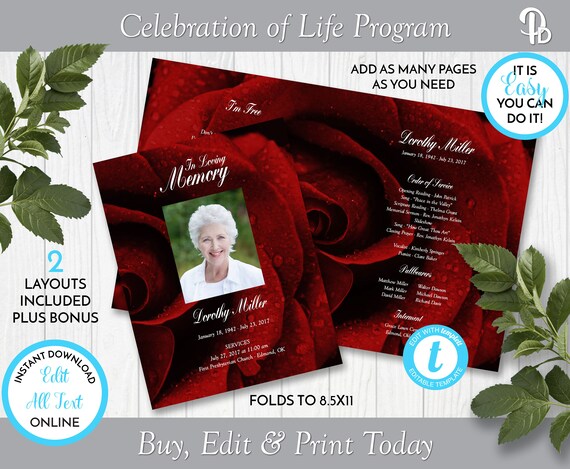 Deep Red Rose Keepsake Program Template Obituary/order of - Etsy