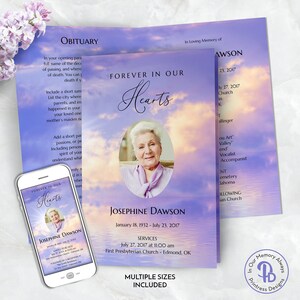 May include: A memorial card and a smartphone displaying a similar design. The card features a portrait of a woman, the text "Forever in Our Hearts," and details of her life and services. The background has a sky and water design.