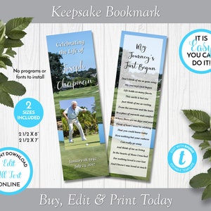 Plantilla de marcapáginas conmemorativo de golfistas, plantilla de marcapáginas con foto editable para funerales de golf, recuerdo funerario imprimible, Templett ZBKM 21181