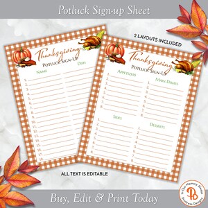 May include: Printable Thanksgiving potluck sign-up sheet with two different layouts. The sheet features a brown and white gingham pattern with a festive Thanksgiving illustration of a pumpkin, turkey, and corn. The text on the sheet reads "Thanksgiving Potluck Sign-Up" and includes categories for appetizers, main dishes, sides, and desserts.